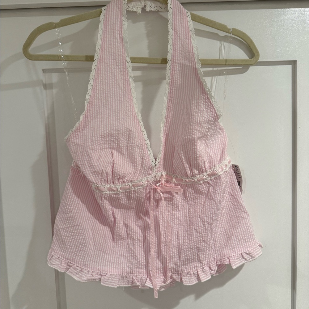 Pink Lace Trim Halter Top